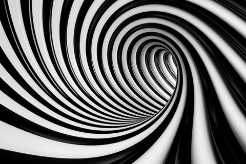 Tunnel spiralé en noir et blanc, perspective vertigineuse vers l'infini dans Un monde sans couleurs