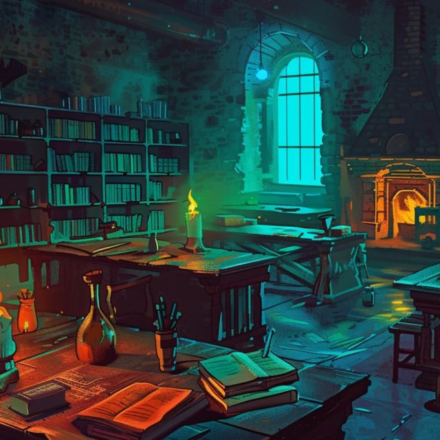 Bibliothèque de pierre avec table de travail, cheminée et fenêtre bleue, salle L'Elixir Perdu chez Smart Escape Game