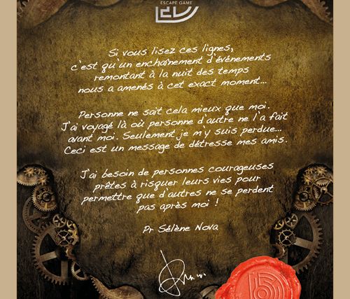 Parchemin ancien aux engrenages dorés et sceau rouge de la salle Daedalus Escape Game à Blois