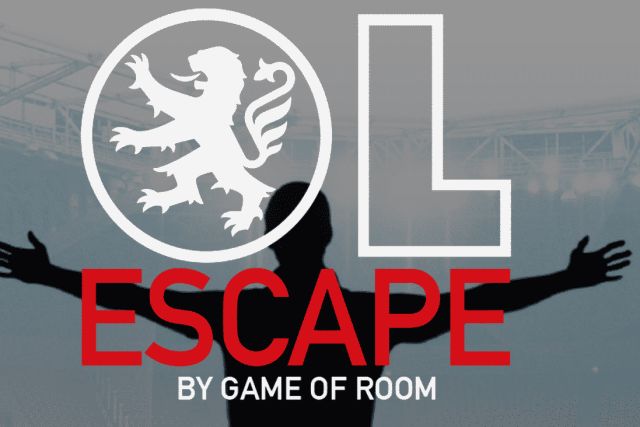 Logo OL Escape by Game of Room : lion blanc et lettre L sur silhouette aux bras ouverts, Villeurbanne