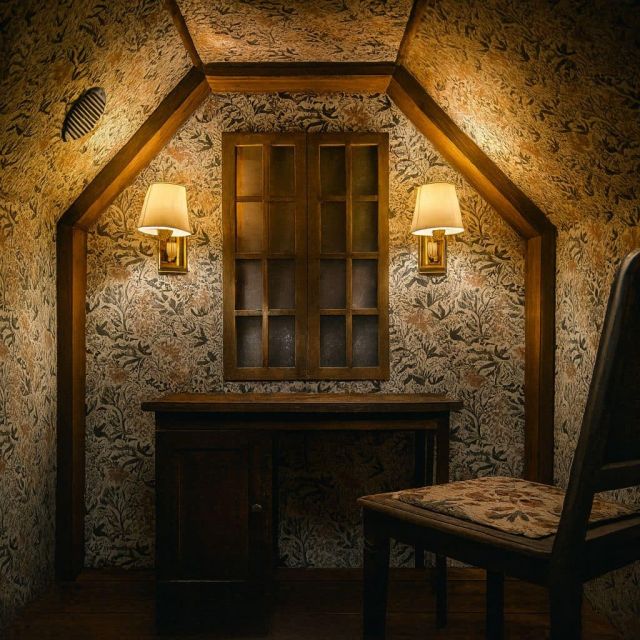 Grenier victorien aux papiers peints fleuris, bureau et chaise noire, lampes dorées
