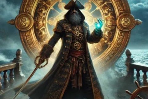 Affiche Le médaillon de Barbe Noire : pirate en manteau et médaillon bleu lumineux, salle chez Mille et Un Jeux à Trévenans