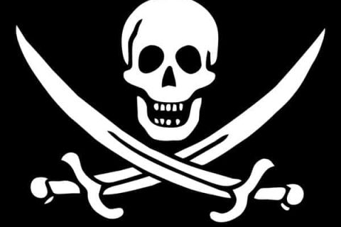 Crâne blanc aux dents découvertes et sabres croisés sur fond noir, logo du Trésor des boucaniers