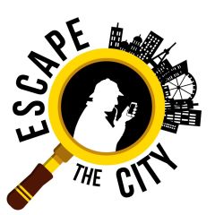 Logo d'Escape The City, escape game à Nantes, avec enquêteur et loupe jaune