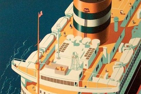 Affiche de paquebot SS Nieuw Amsterdam vu du dessus, cheminées rayées, salle Les naufragés du Liberté, Paris