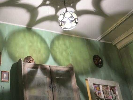 Décor vintage aux murs verts, mobilier ancien et luminaire géométrique dans la salle Panic Room
