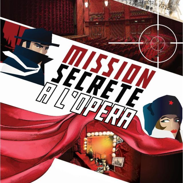 Affiche Mission secrète à l'Opéra : agents en dessin manga et opéra en arrière-plan, SQY Escape à Montigny-le-Bretonneux