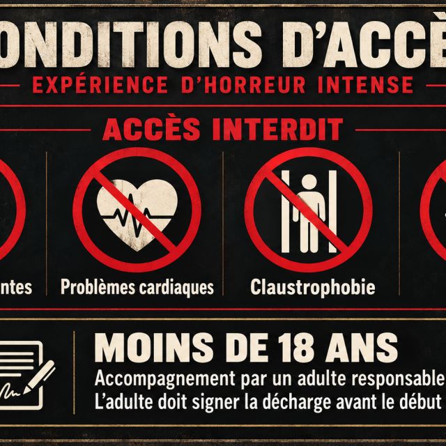 Affiche noire et rouge listant conditions d'accès et restrictions médicales pour Invocation