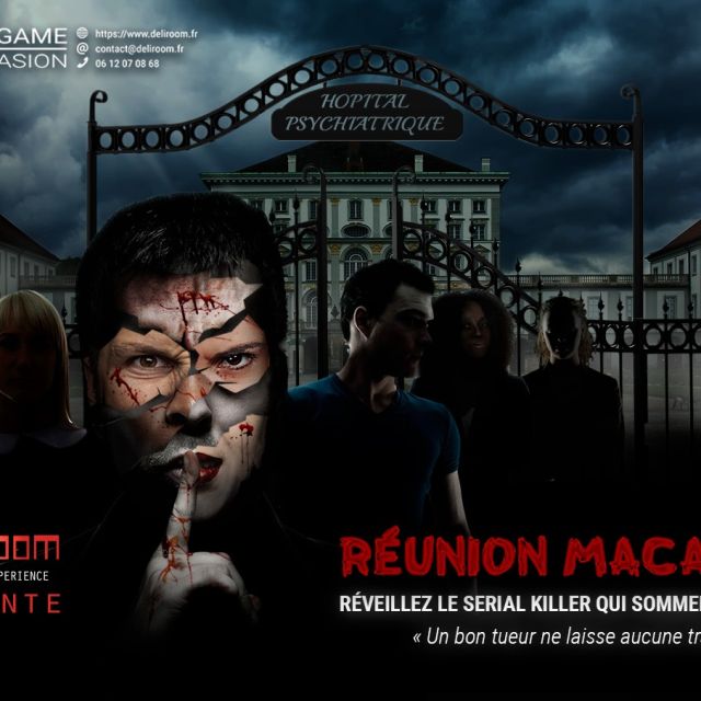 Affiche de la salle Réunion Macabre chez Déliroom Expérience, hôpital psychiatrique et visages ensanglantés