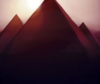 Trois pyramides en silhouette sous un ciel rose et orange, ambiance égyptienne dans Le Temple