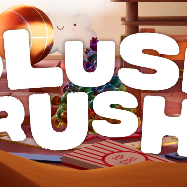 Décor coloré de salle d'aventure avec objets et jouets, logo Plush Rush chez Alex K'ape à Caudry