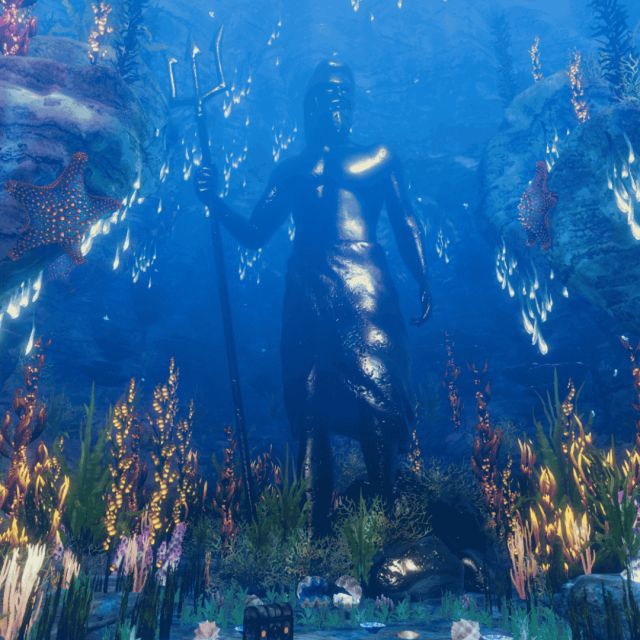 Fond marin bleu avec algues lumineuses et statue au centre, décor virtuel de la salle Escape The Worlds chez Inoui VR