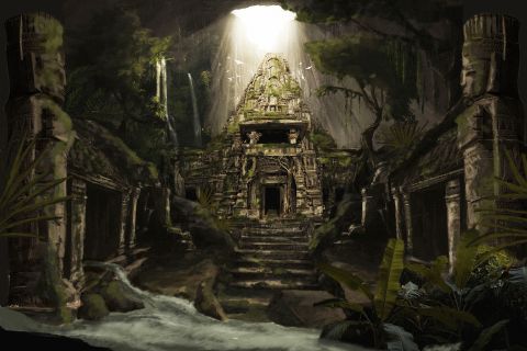 Ruines envahies de verdure et temple ancien illuminé par la lumière zénithale
