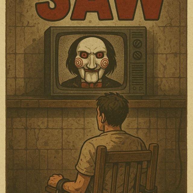Personnage face à un écran de télévision vintage affichant un masque terrifiant dans SAW