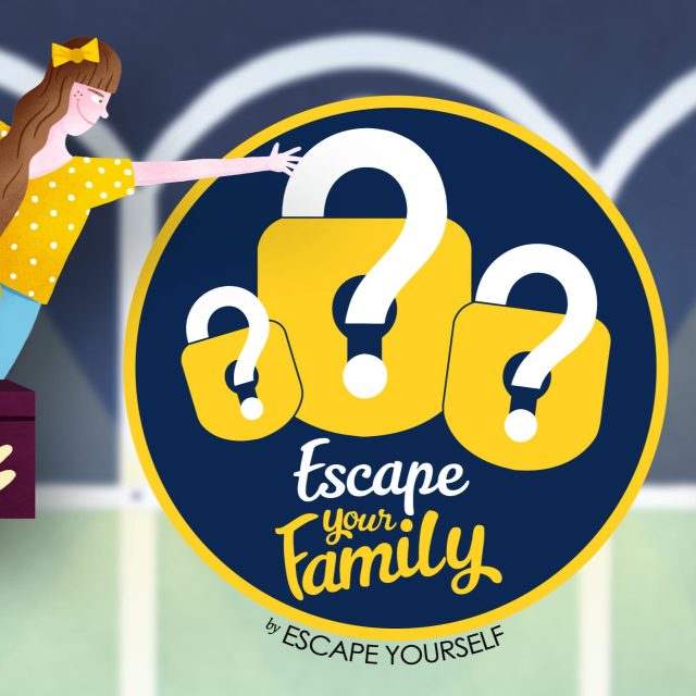 Logo d'Escape Yourself Rennes avec enfants en action autour d'énigmes festives