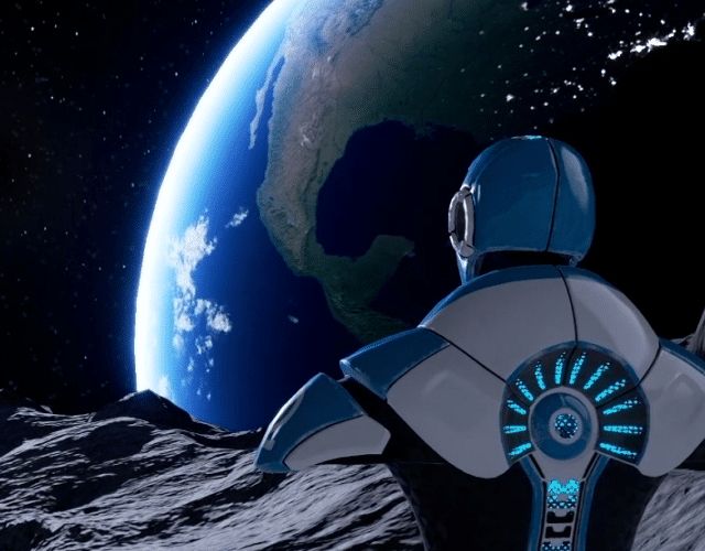 Robot blanc et bleu de dos contemplant la Terre depuis la Lune, salle Time Travel Chapter 1, Virtual Room à Saran