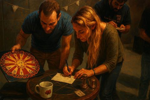 Un homme et une femme notent des indices autour d'une table ronde avec roue de cirque et tasse, salle Curious Circus, Atelier Brooklyn