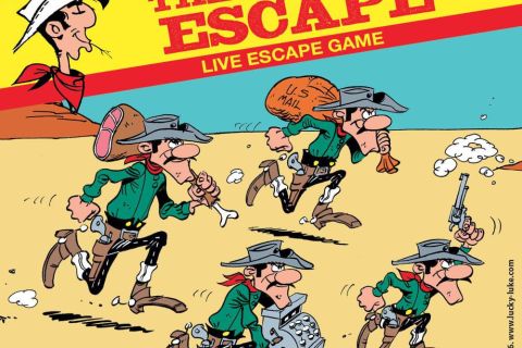 Bande dessinée western avec cowboys en fuite dans le désert, logo de L'Évasion des Dalton