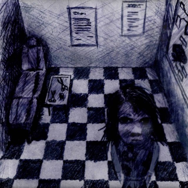 Pièce dessinée à l'encre au sol à carreaux, silhouette dans l'ombre, salle La Machinerie chez Les Mystères De L'Est