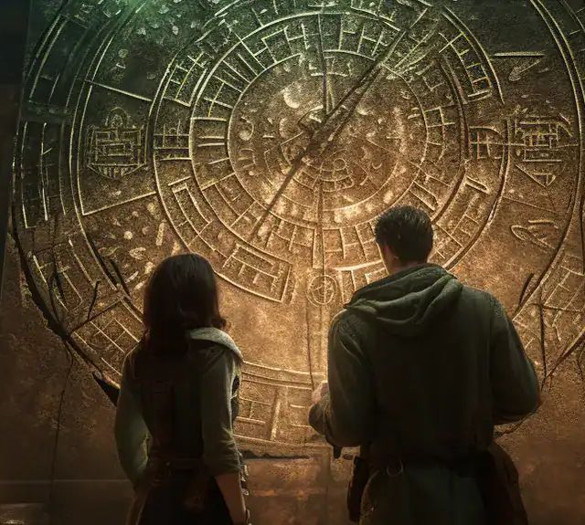Duo de dos face à un calendrier de pierre monumental, salle La Sentinelle