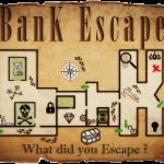 Plan schématisé d'une salle de jeu sur parchemin ancien, symboles d'énigmes et de trésors à Bank Escape