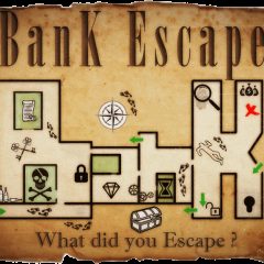 Plan schématisé d'une salle de jeu sur parchemin ancien, symboles d'énigmes et de trésors à Bank Escape