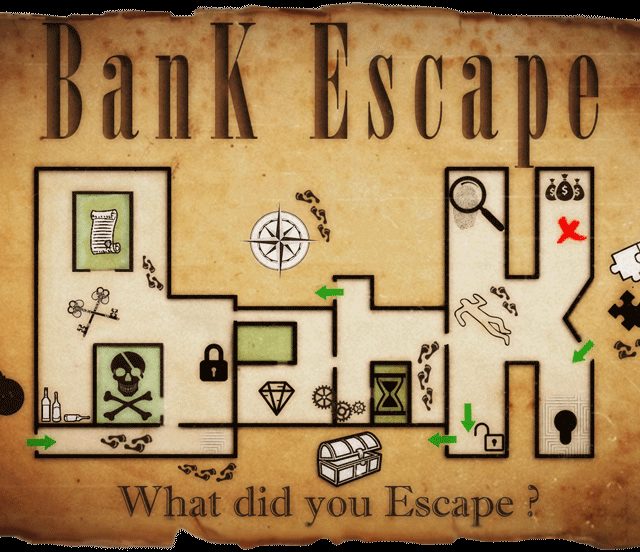 Plan schématisé d'une salle de jeu sur parchemin ancien, symboles d'énigmes et de trésors à Bank Escape