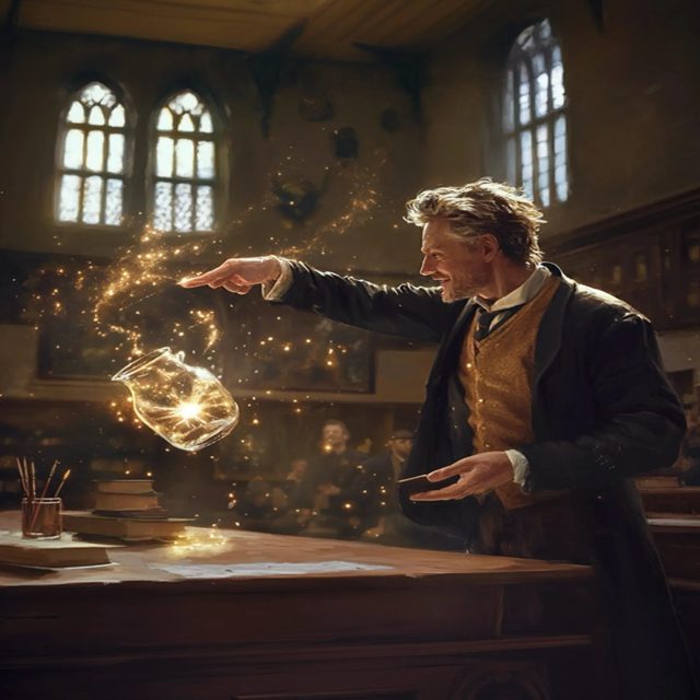 Homme en veste faisant surgir une boule de lumière dorée dans une salle aux fenêtres gothiques, salle L'Elixir Perdu