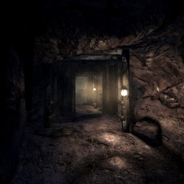 Tunnel rocheux sombre menant à une porte en bois, La mine abandonnée chez Timeless