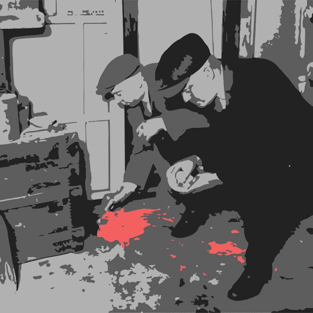 Scène de crime stylisée en gris avec flaque rouge et deux enquêteurs, salle L'élixir d'Octave le vampire, Paris