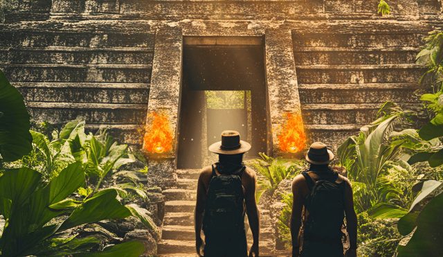 Deux explorateurs en chapeau face à l'entrée d'un temple de pierre éclairée de torches, salle Le temple maya, Studio Escape