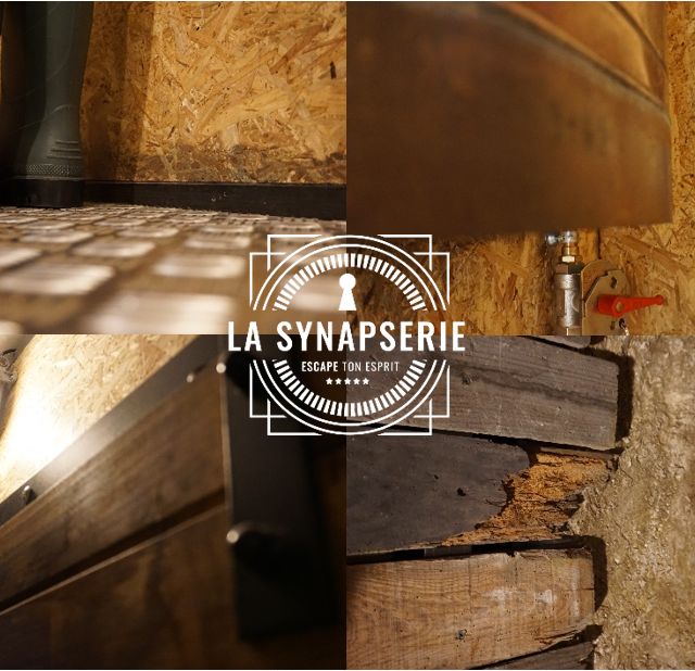 Logo de La Synapserie, escape game à Riom, entouré de détails architecturaux en pierre