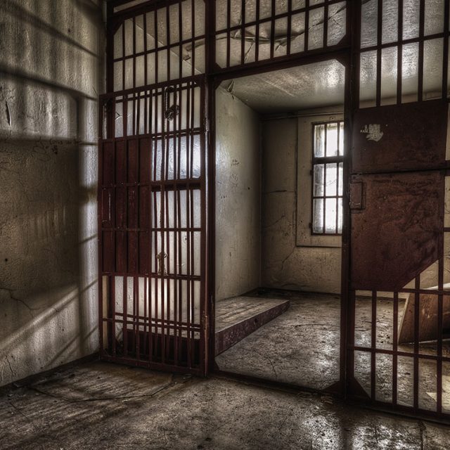 Cellule de prison aux barreaux de métal et murs écaillés, visuel de LockedUp à Lieusaint