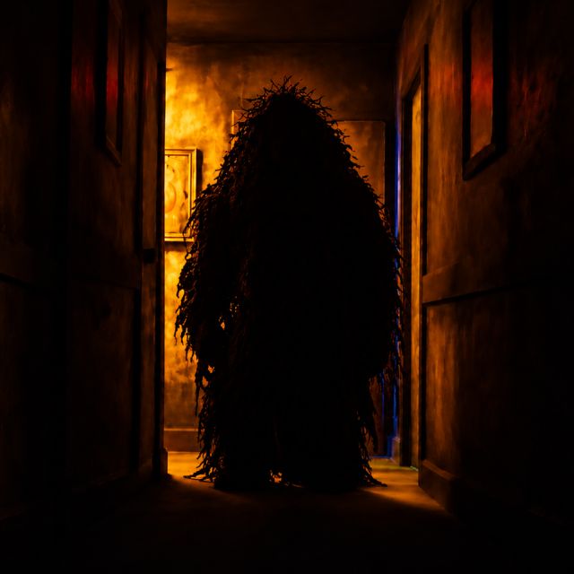 Silhouette créature poilue dans couloir orangé sombre chez Evade Lausanne