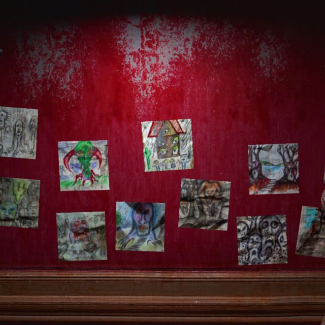 Mur rouge écaillé couvert de dessins d'enfant, ours en peluche au premier plan, salle House of Fear Call of Blood chez Inoui VR