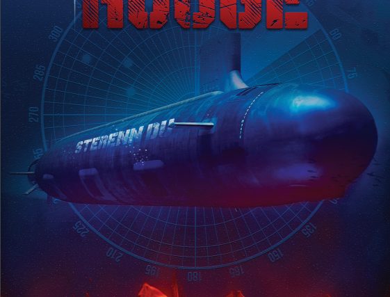 Affiche Code rouge : sous-marin au-dessus de flammes sur fond bleu, salle chez Mystery O'Clock à Brest