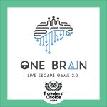Logo de One Brain, escape game à Lille, sur fond vert avec badge Travelers' Choice 2020