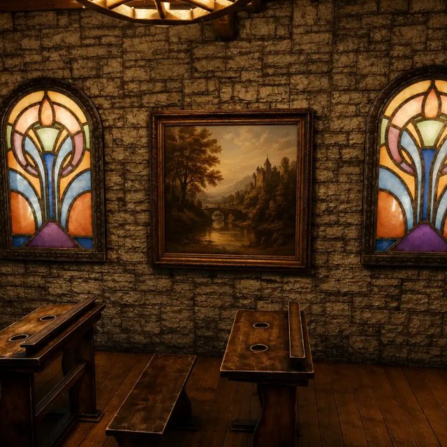 Deux vitraux colorés encadrant un tableau de paysage, pupitres en bois, salle La prophétie des sorciers chez Freeing à Chambly
