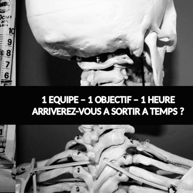Mains manipulant des os et un crâne humain dans un décor médico-scientifique