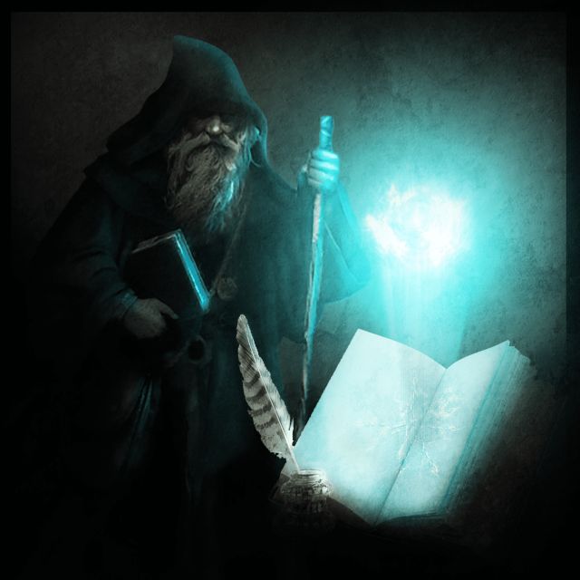 Mage barbu encapuchonné tenant un livre et un bâton lumineux, Pouvoirs Magiques au Village Secret