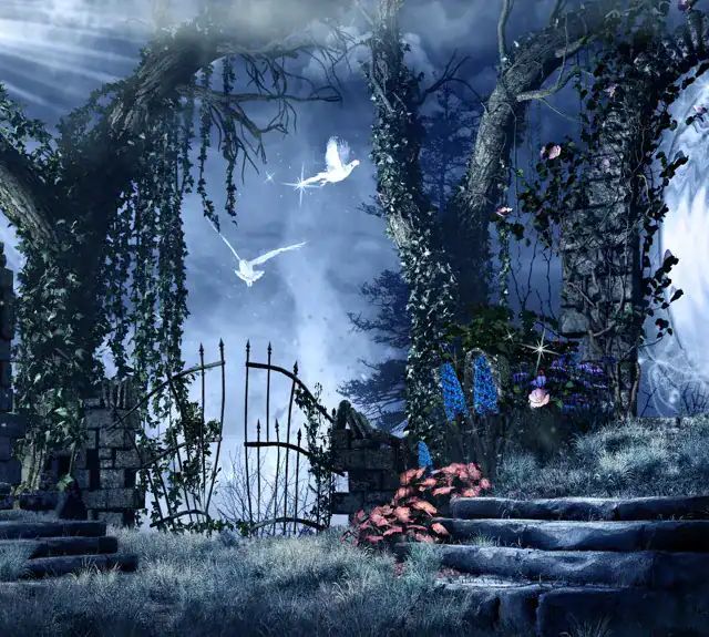 Ruines envahies de lierre et portail lumineux en spirale, visuel de Portail Magique