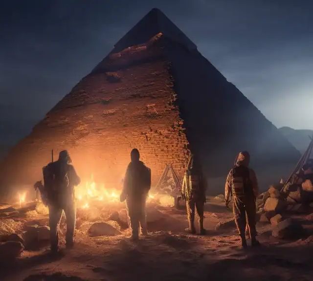 Silhouettes autour d'un feu au pied d'une pyramide de nuit, Le Trésor de Bastet