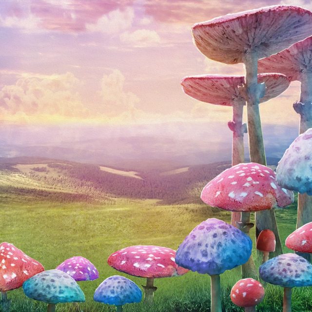 Champignons colorés géants dans un paysage fantastique de prairie et montagne