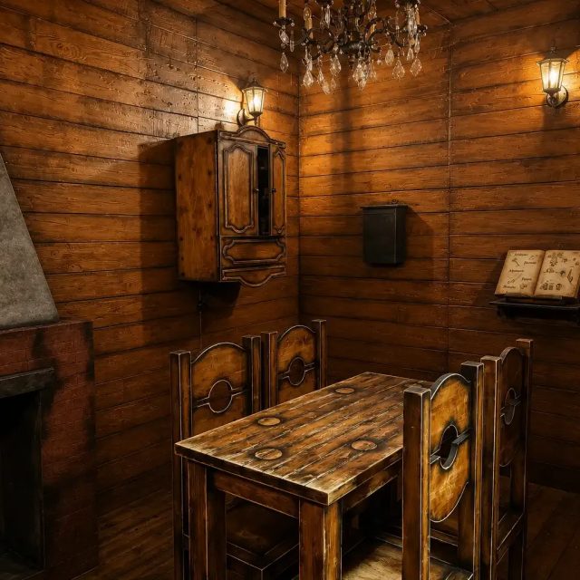 Salle en bois avec table, bancs, cheminée et lustre, salle La prophétie des sorciers chez Freeing à Chambly