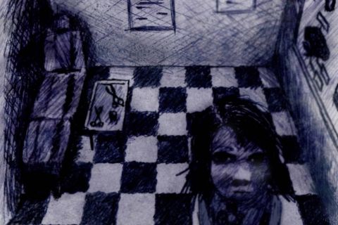 Croquis bleu et noir d'une pièce au carrelage en damier avec affiches au mur, salle La Machinerie à Golbey