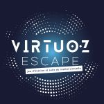 Logo Virtuoz Escape : lettres blanches et points lumineux sur fond bleu nuit, jeu d'évasion et réalité virtuelle à Mérignac