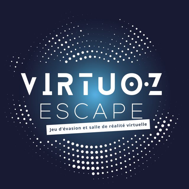 Logo Virtuoz Escape : lettres blanches et points lumineux sur fond bleu nuit, jeu d'évasion et réalité virtuelle à Mérignac
