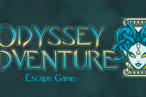 Logo de Odyssey Adventure, escape game à Carcassonne : lettres turquoise et visage de méduse sur fond bleu-vert