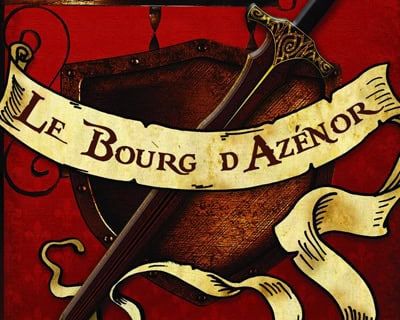 Enseigne médiévale rouge aux épées croisées et ruban Le bourg d'Azénor, salle chez Mystery O'Clock à Brest