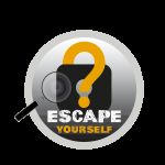 Logo d'Escape Yourself, escape game à Narbonne : cadenas orange à point d'interrogation et loupe sur fond blanc